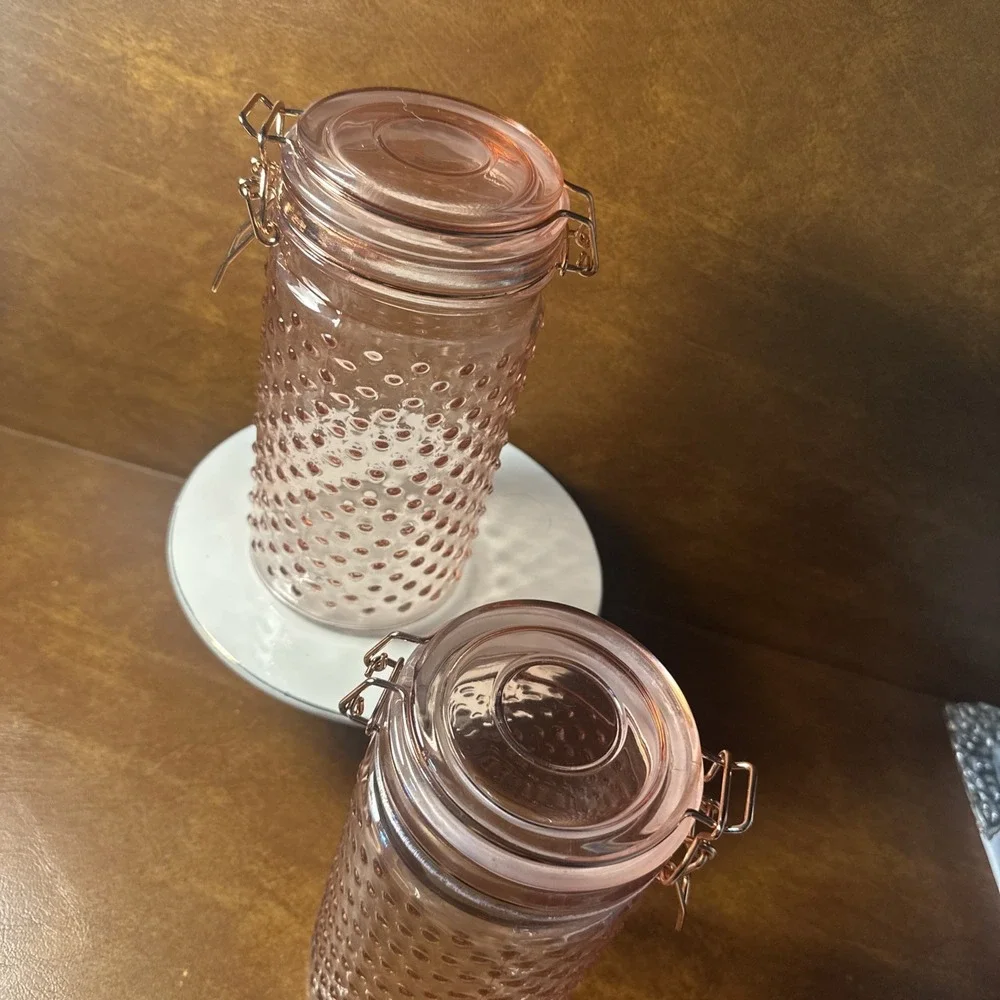 2-Hobnail Pink Glass Jar Canister Flip Top Lid 7-3/4